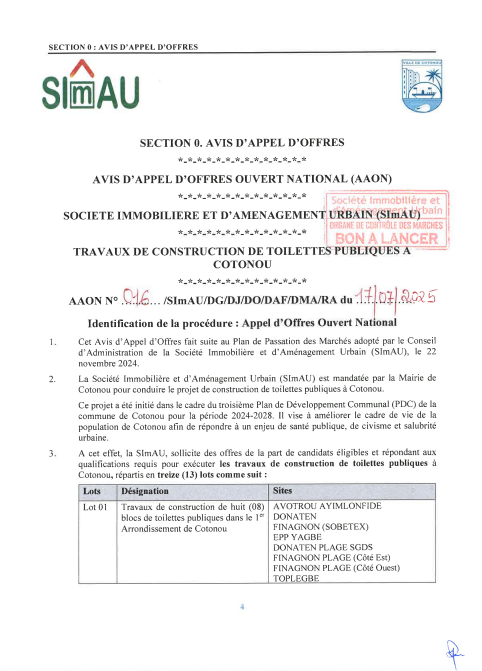 Avis d’appel d’offres pour les travaux de construction des Toilettes publiques 2025